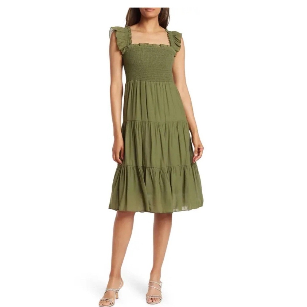 Nanette Lepore Textured Ruffle Square Neck Midi Dress Olive Green Smocked Size 2